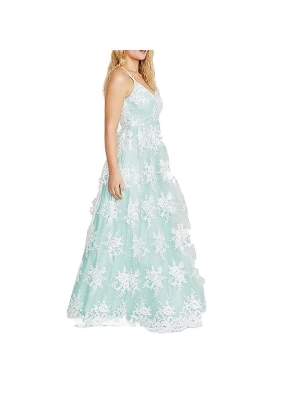 SAY YES TO THE PROM Aqua Floor Length Dress Sheer Lace Appliqué NWT Juniors 5-6